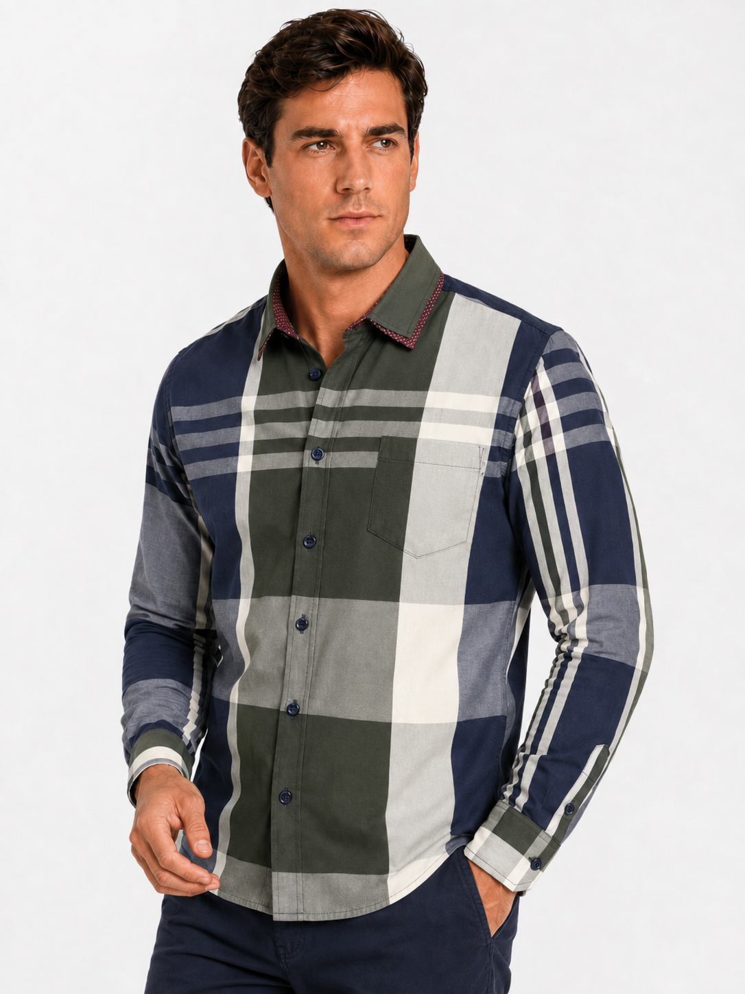 Camisa Hombre Moda Juvenil Cuadros Azul Manga Larga