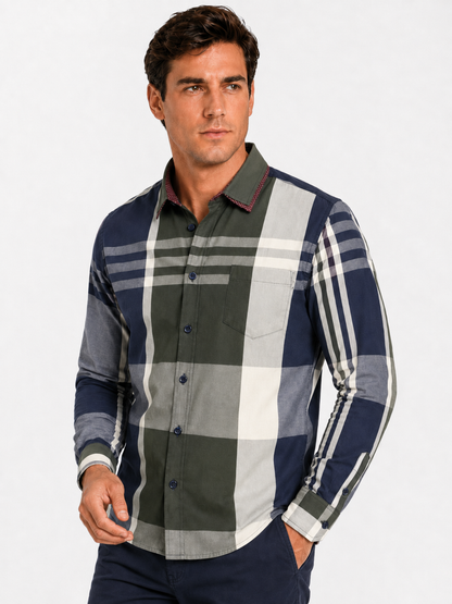 Camisa Hombre Moda Juvenil Cuadros Azul Manga Larga