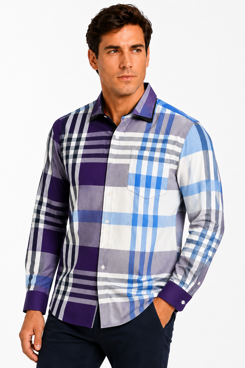 Camisa Hombre Moda Juvenil Cuadros Azul Cielo Manga Larga