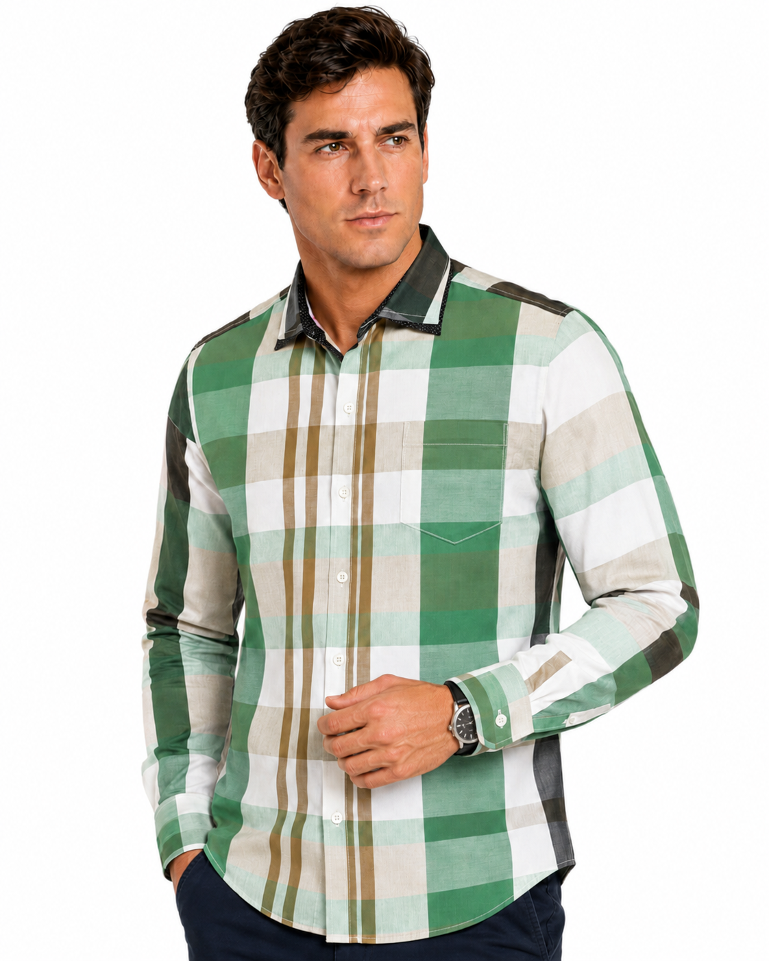 Camisa Hombre Moda Juvenil Cuadros Verde Manga Larga