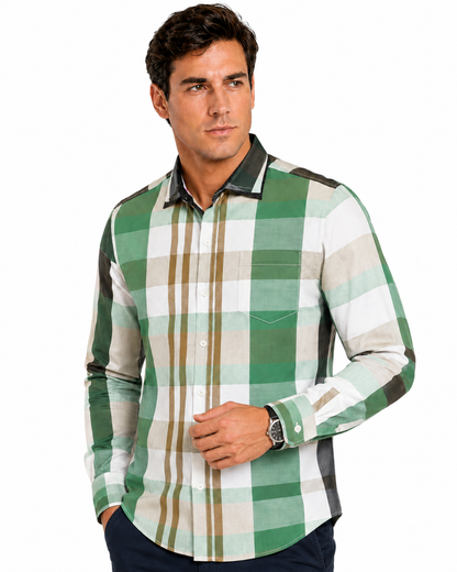 Camisa Hombre Moda Juvenil Cuadros Verde Manga Larga