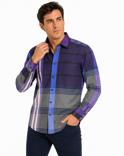 Camisa Hombre Moda Juvenil Cuadros Morado Manga Larga