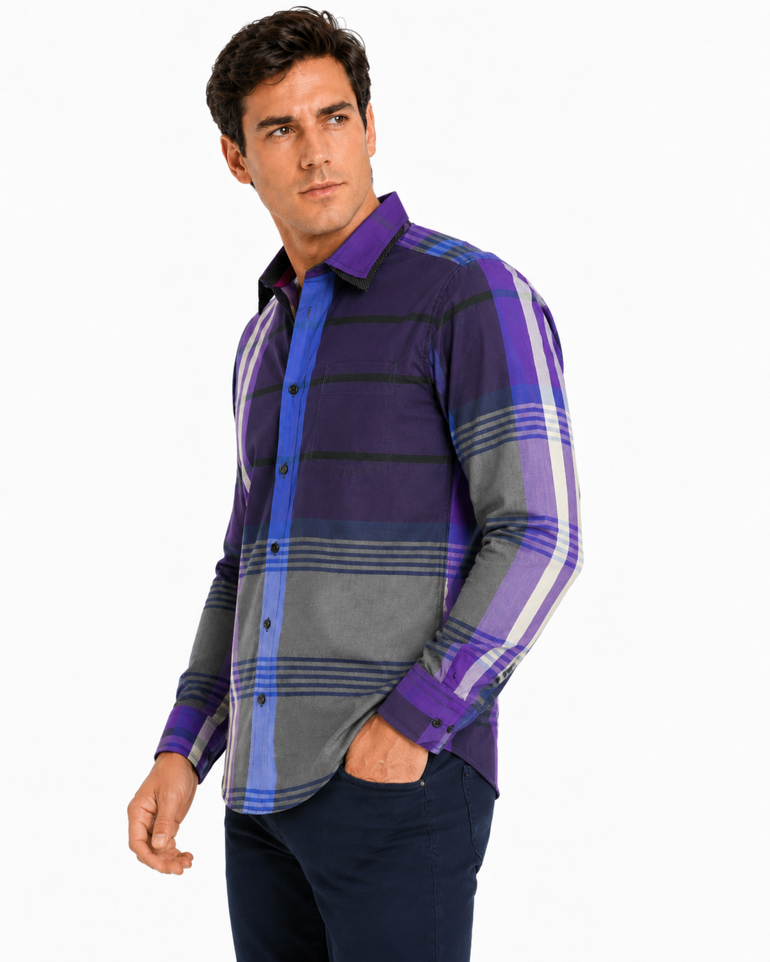 Camisa Hombre Moda Juvenil Cuadros Morado Manga Larga
