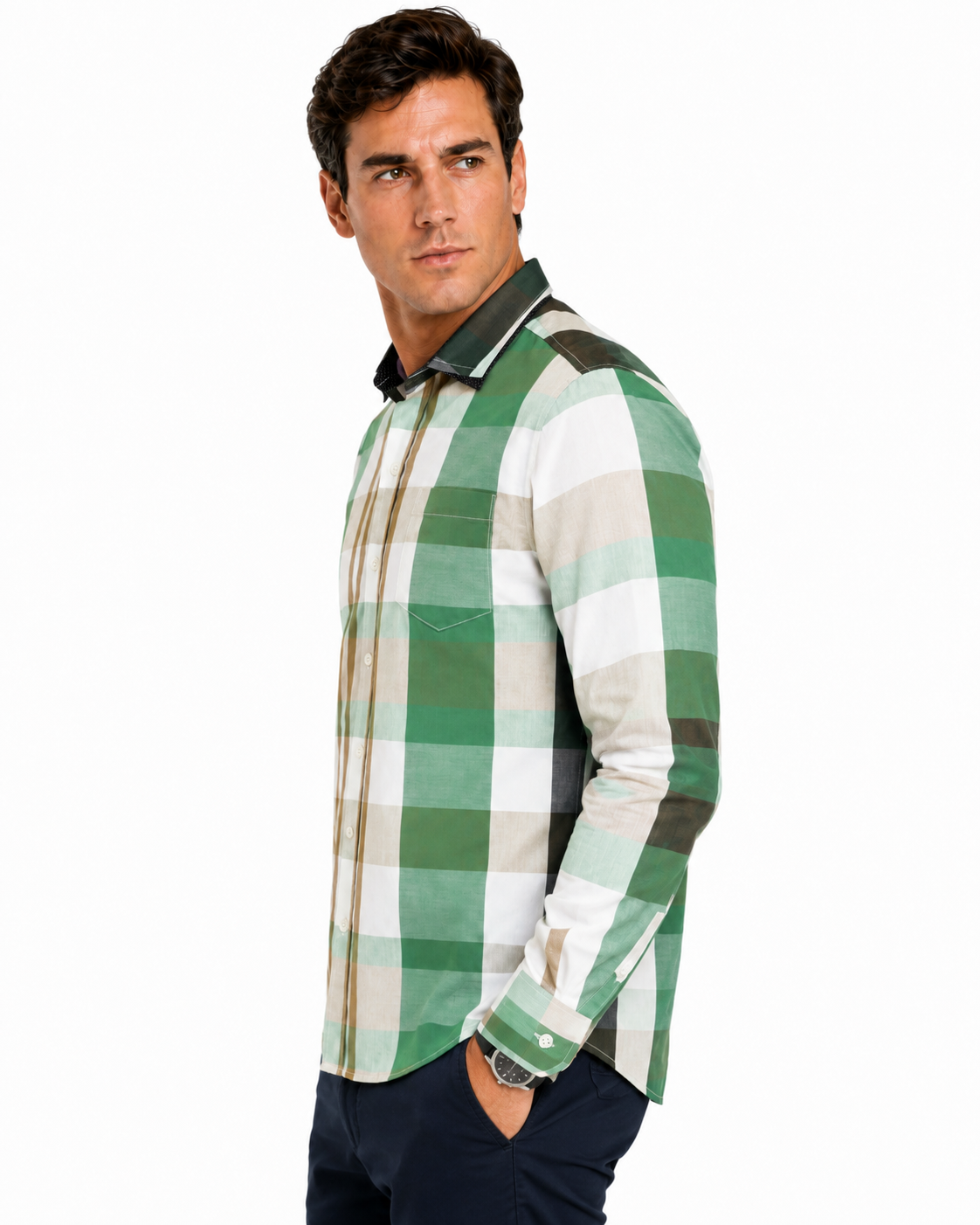 Camisa Hombre Moda Juvenil Cuadros Verde Manga Larga