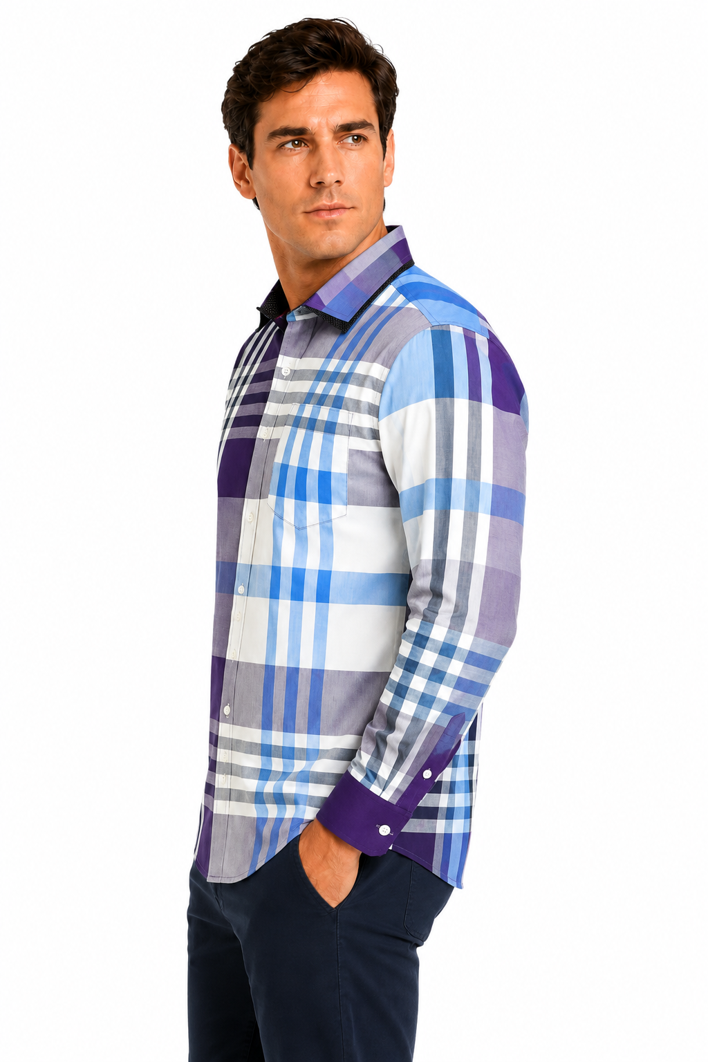 Camisa Hombre Moda Juvenil Cuadros Azul Cielo Manga Larga