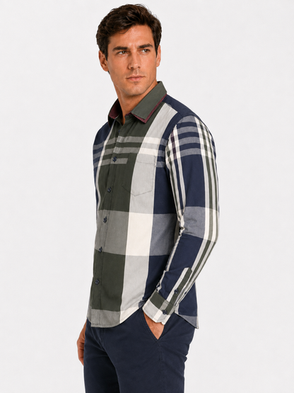 Camisa Hombre Moda Juvenil Cuadros Azul Manga Larga