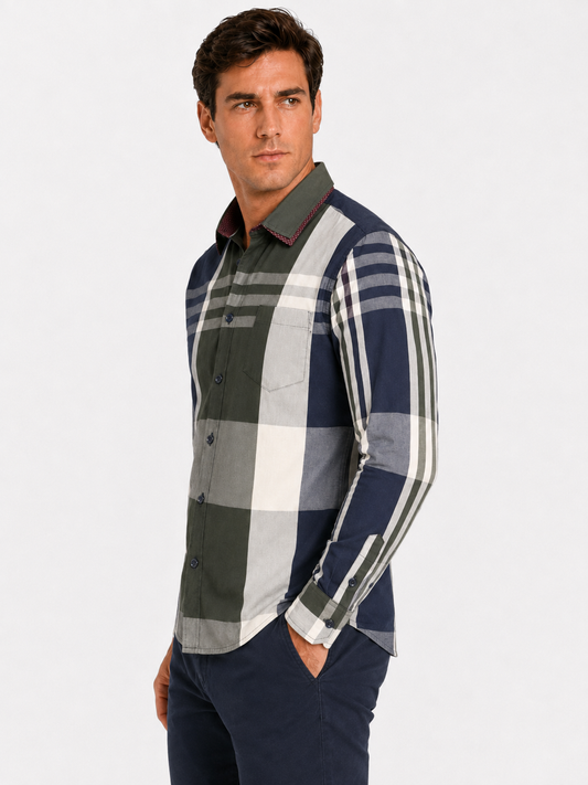 Camisa Hombre Moda Juvenil Cuadros Azul Manga Larga