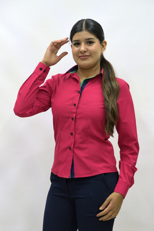 Blusa Manga Larga Modelo - Microcuadros 03 Fresa