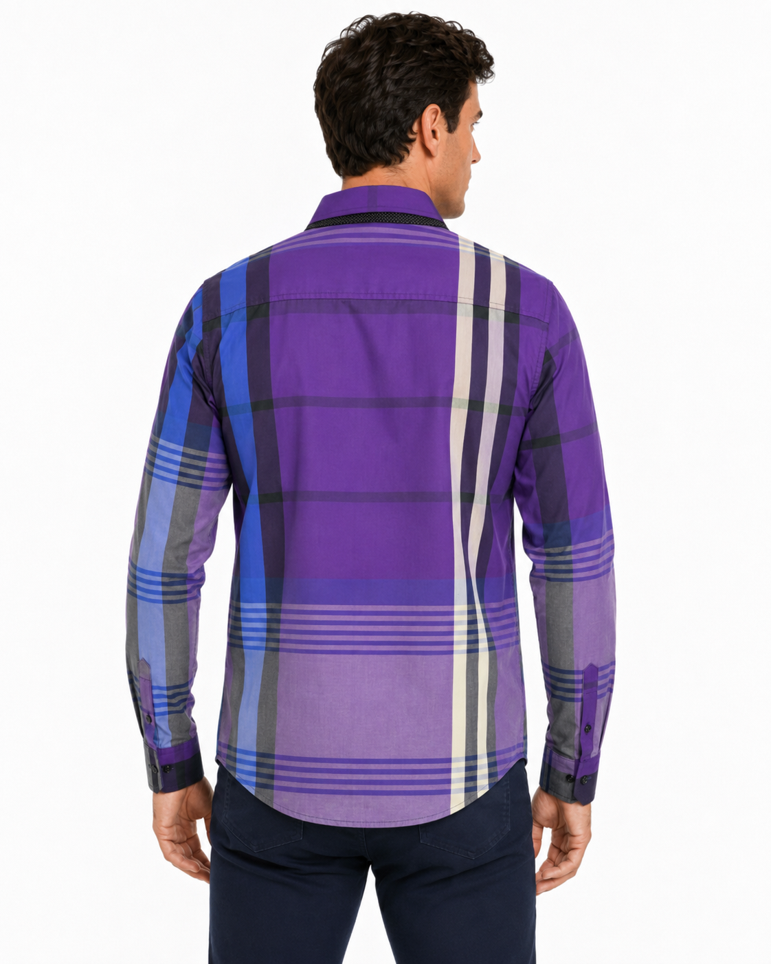 Camisa Hombre Moda Juvenil Cuadros Morado Manga Larga