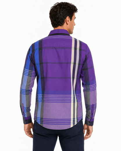 Camisa Hombre Moda Juvenil Cuadros Morado Manga Larga