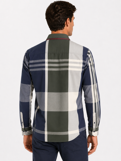 Camisa Hombre Moda Juvenil Cuadros Azul Manga Larga