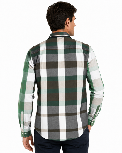 Camisa Hombre Moda Juvenil Cuadros Verde Manga Larga