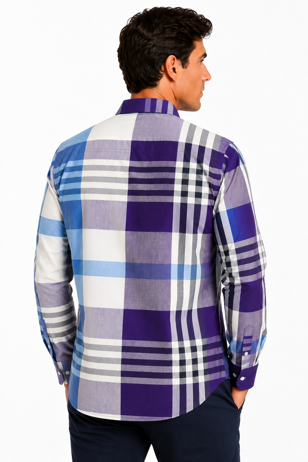 Camisa Hombre Moda Juvenil Cuadros Azul Cielo Manga Larga