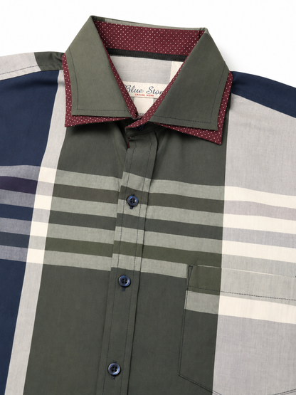 Camisa Hombre Moda Juvenil Cuadros Azul Manga Larga