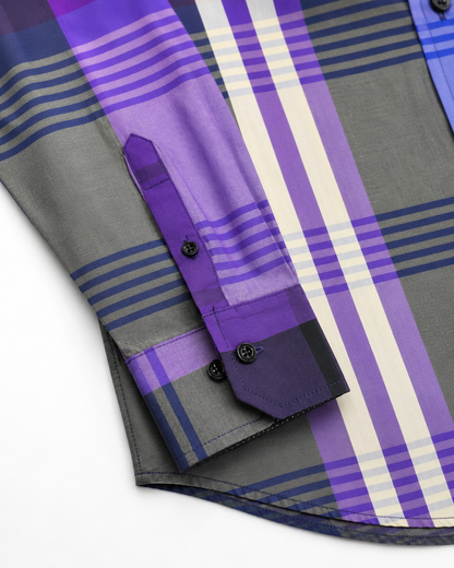Camisa Hombre Moda Juvenil Cuadros Morado Manga Larga